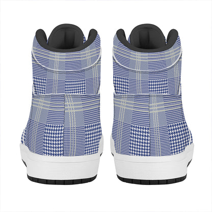Blue And White Glen Plaid Print High Top Leather Sneakers