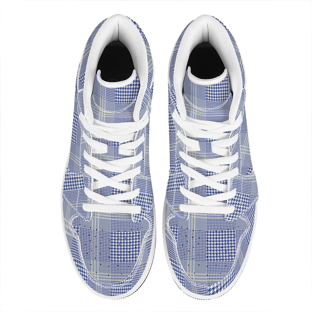 Blue And White Glen Plaid Print High Top Leather Sneakers