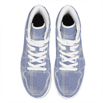 Blue And White Glen Plaid Print High Top Leather Sneakers