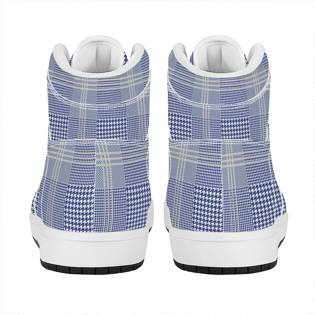Blue And White Glen Plaid Print High Top Leather Sneakers