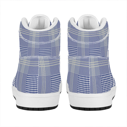 Blue And White Glen Plaid Print High Top Leather Sneakers