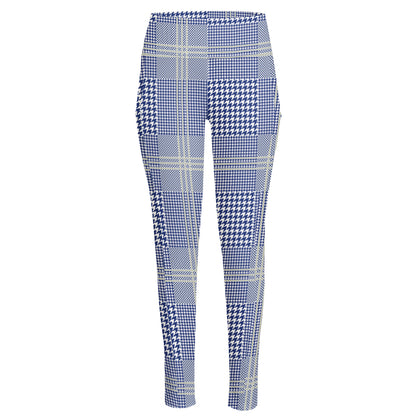 Blue And White Glen Plaid Print High-Waisted Pocket Leggings