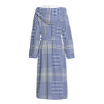Blue And White Glen Plaid Print Hooded Bathrobe