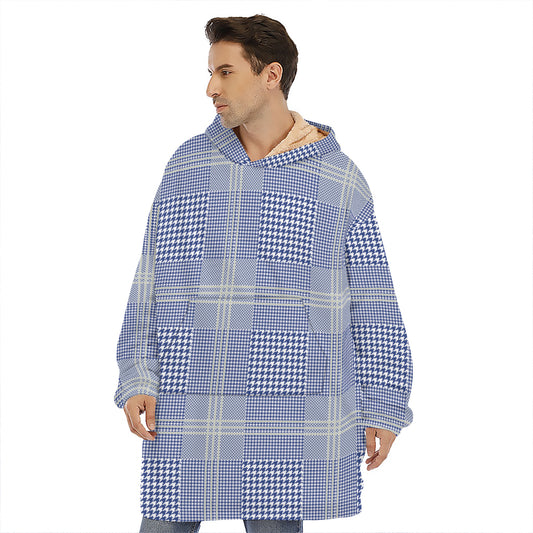 Blue And White Glen Plaid Print Hoodie Blanket