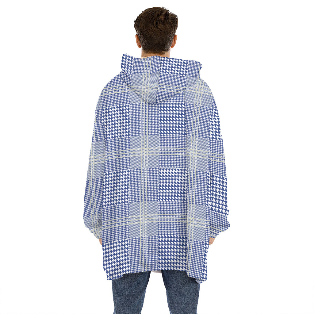 Blue And White Glen Plaid Print Hoodie Blanket