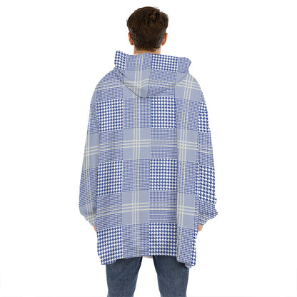 Blue And White Glen Plaid Print Hoodie Blanket