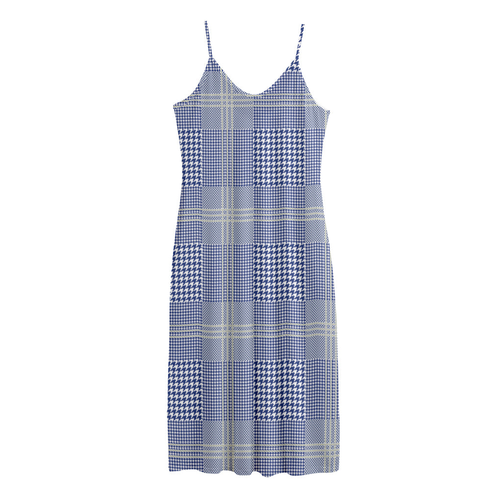 Blue And White Glen Plaid Print Jersey Midi Cami Dress