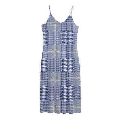 Blue And White Glen Plaid Print Jersey Midi Cami Dress