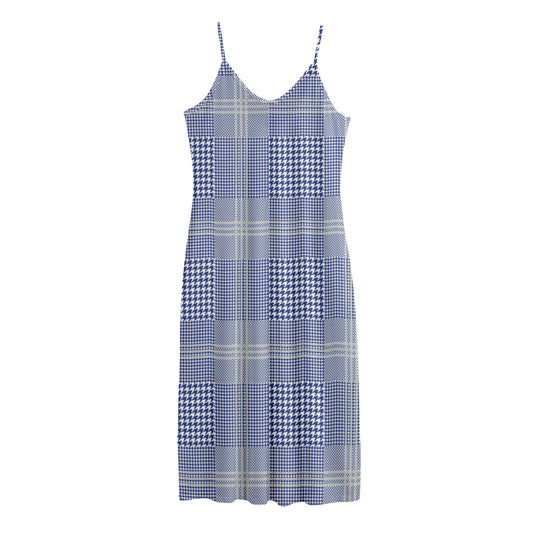 Blue And White Glen Plaid Print Jersey Midi Cami Dress
