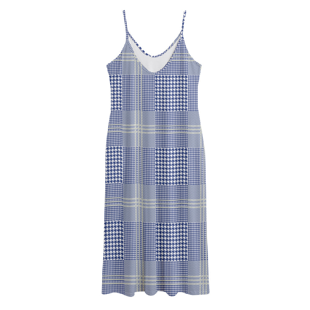 Blue And White Glen Plaid Print Jersey Midi Cami Dress