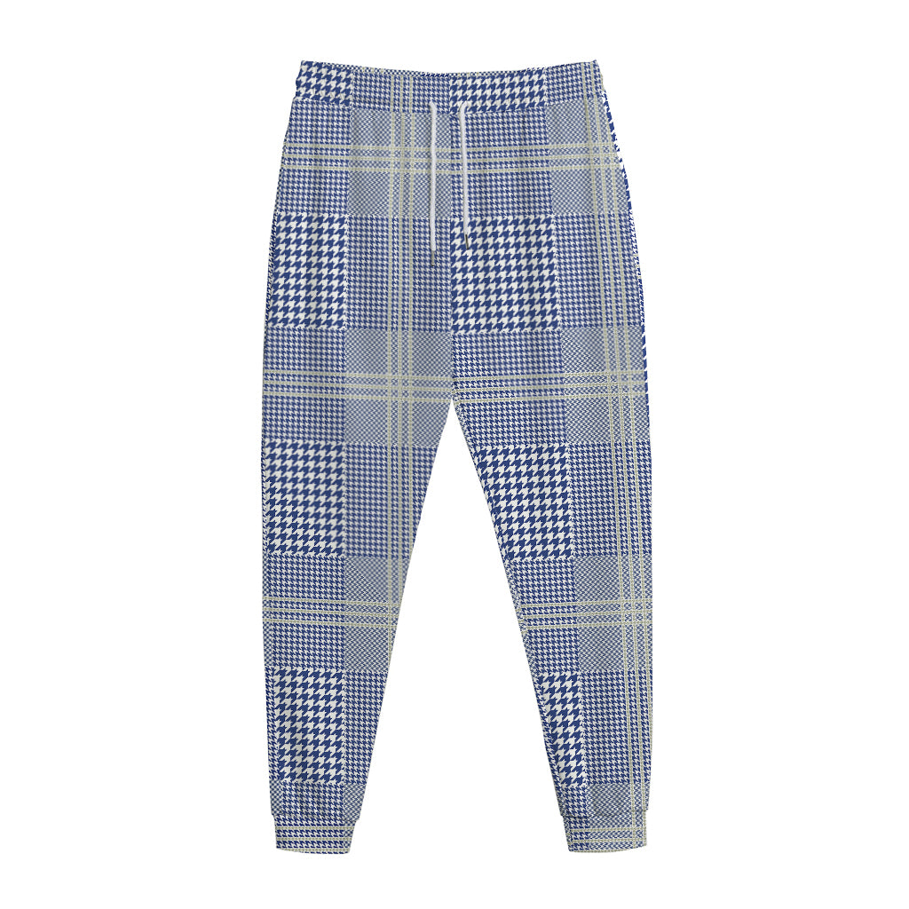 Blue And White Glen Plaid Print Jogger Pants