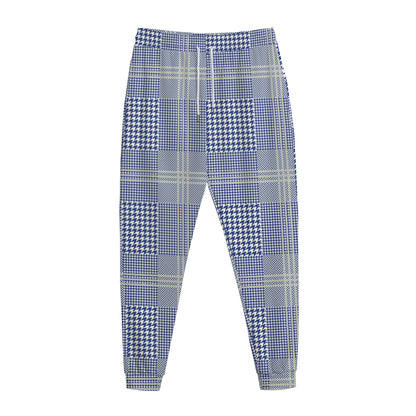 Blue And White Glen Plaid Print Jogger Pants