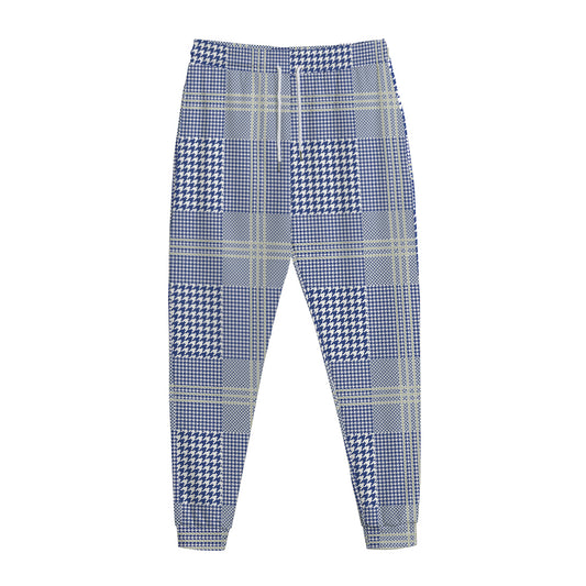 Blue And White Glen Plaid Print Jogger Pants