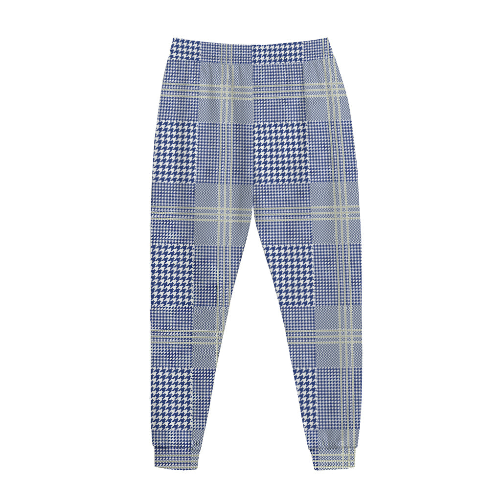 Blue And White Glen Plaid Print Jogger Pants