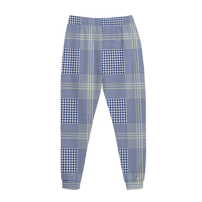 Blue And White Glen Plaid Print Jogger Pants