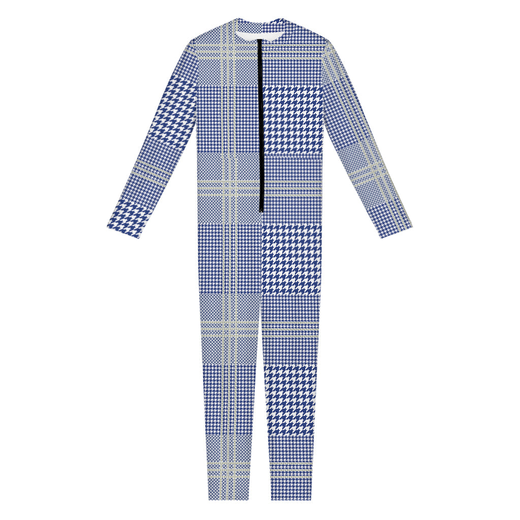 Blue And White Glen Plaid Print Jumpsuit