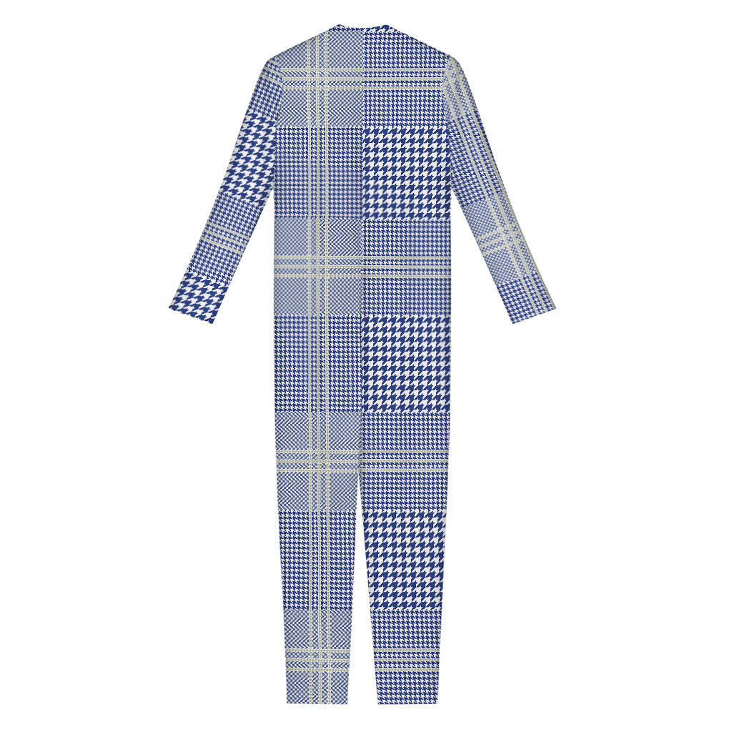 Blue And White Glen Plaid Print Jumpsuit