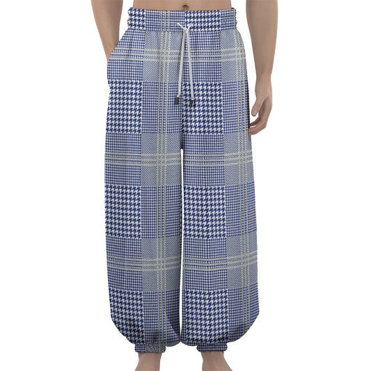 Blue And White Glen Plaid Print Lantern Pants
