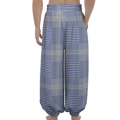 Blue And White Glen Plaid Print Lantern Pants