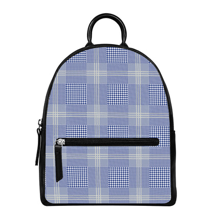 Blue And White Glen Plaid Print Leather Backpack