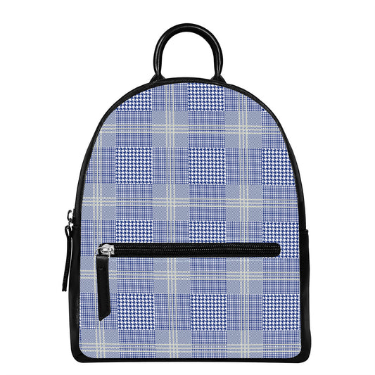 Blue And White Glen Plaid Print Leather Backpack