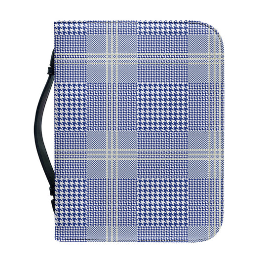 Blue And White Glen Plaid Print Leather Bible Cover