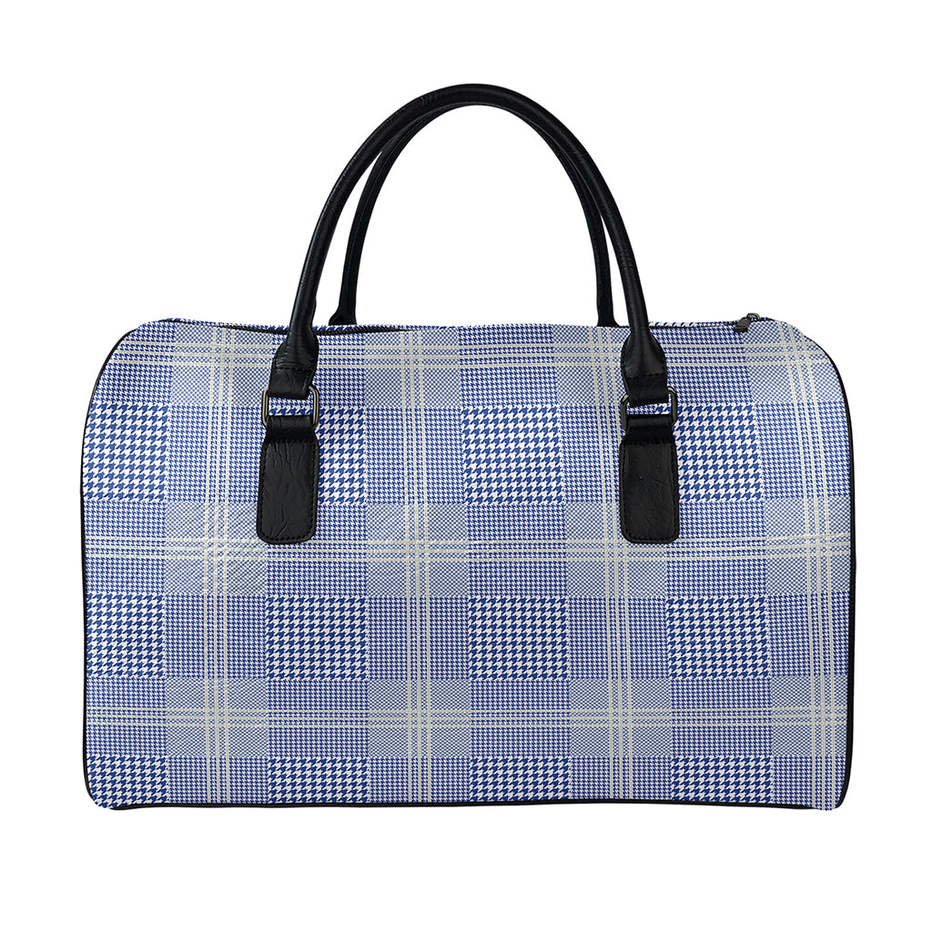 Blue And White Glen Plaid Print Leather Duffle Bag