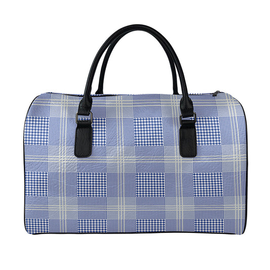 Blue And White Glen Plaid Print Leather Duffle Bag