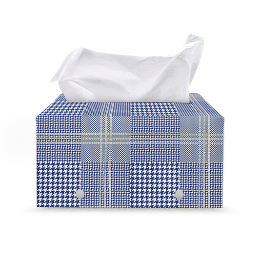 Blue And White Glen Plaid Print Leather Tissue Box Cover
