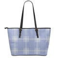 Blue And White Glen Plaid Print Leather Tote Bag With Zipper