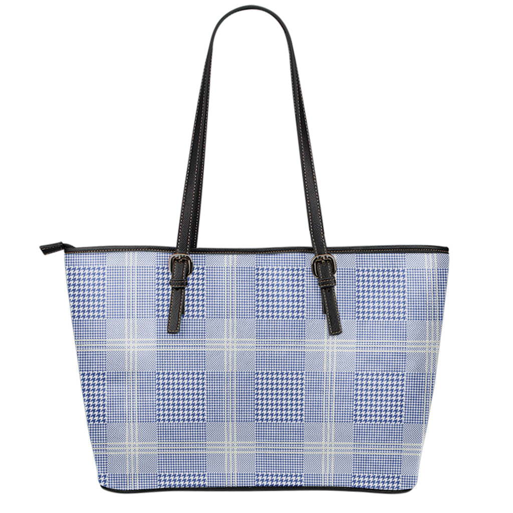 Blue And White Glen Plaid Print Leather Tote Bag