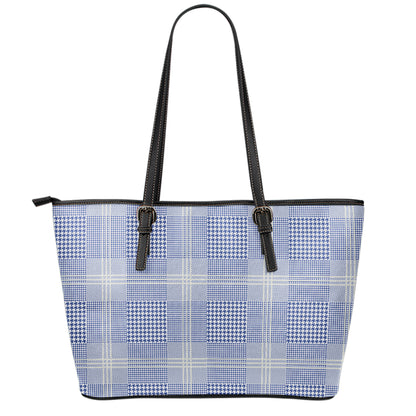Blue And White Glen Plaid Print Leather Tote Bag