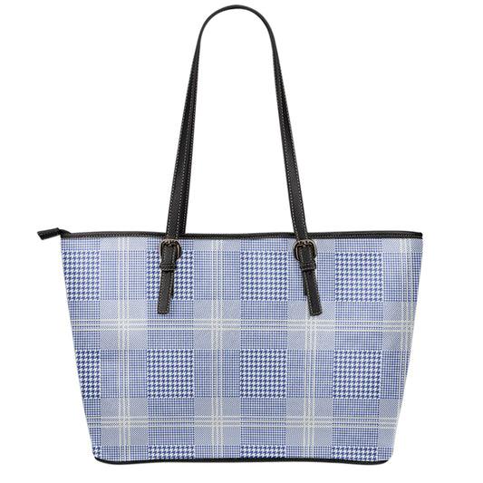 Blue And White Glen Plaid Print Leather Tote Bag