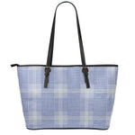 Blue And White Glen Plaid Print Leather Tote Bag