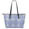 Blue And White Glen Plaid Print Leather Tote Bag