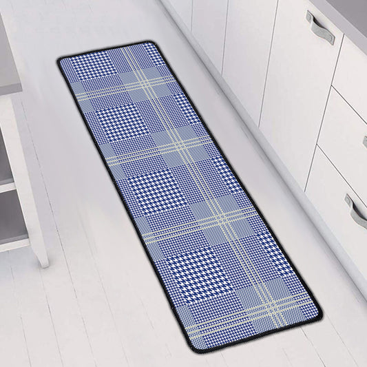 Blue And White Glen Plaid Print Long Kitchen Mat