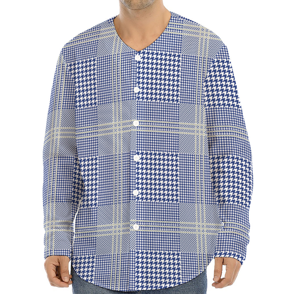 Blue And White Glen Plaid Print Long Sleeve Baseball Jersey