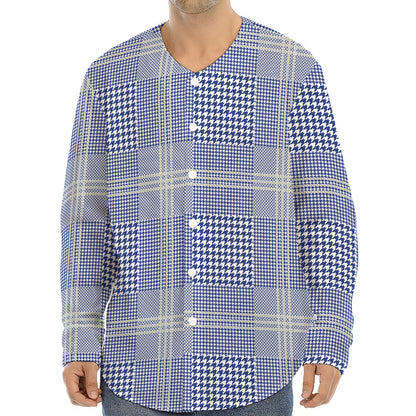 Blue And White Glen Plaid Print Long Sleeve Baseball Jersey