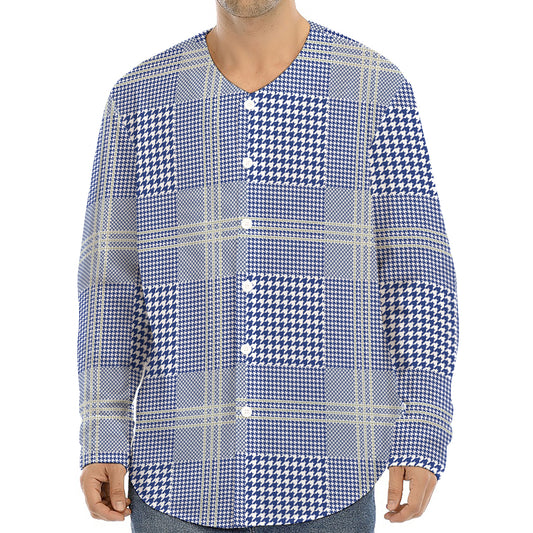 Blue And White Glen Plaid Print Long Sleeve Baseball Jersey
