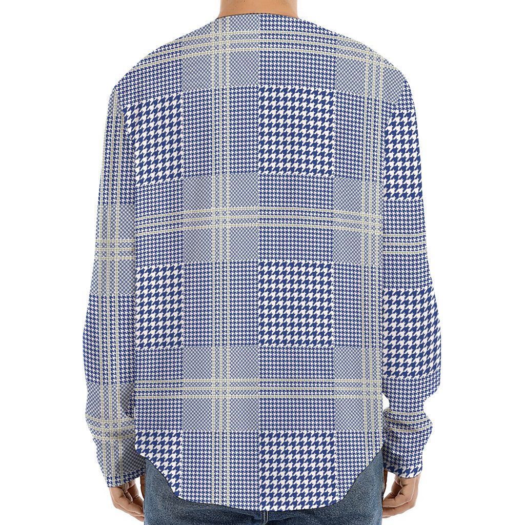 Blue And White Glen Plaid Print Long Sleeve Baseball Jersey