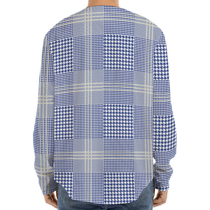 Blue And White Glen Plaid Print Long Sleeve Baseball Jersey