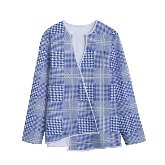 Blue And White Glen Plaid Print Long Sleeve Short Coat
