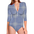 Blue And White Glen Plaid Print Long Sleeve Swimsuit