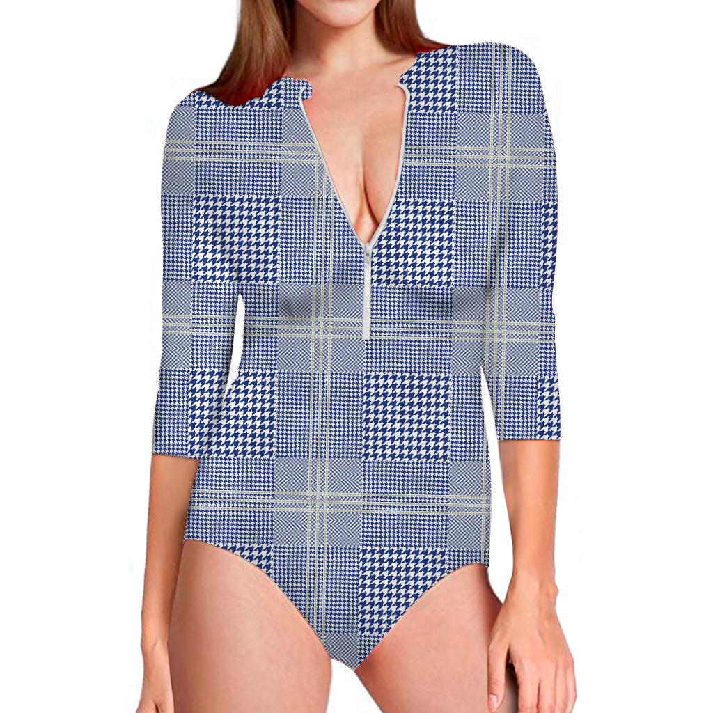Blue And White Glen Plaid Print Long Sleeve Swimsuit