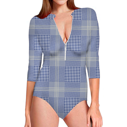 Blue And White Glen Plaid Print Long Sleeve Swimsuit