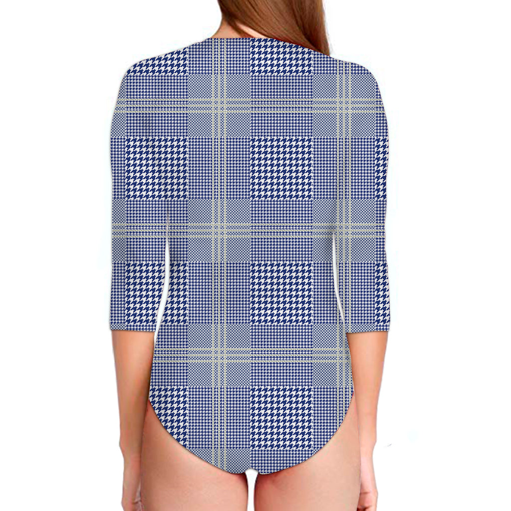Blue And White Glen Plaid Print Long Sleeve Swimsuit