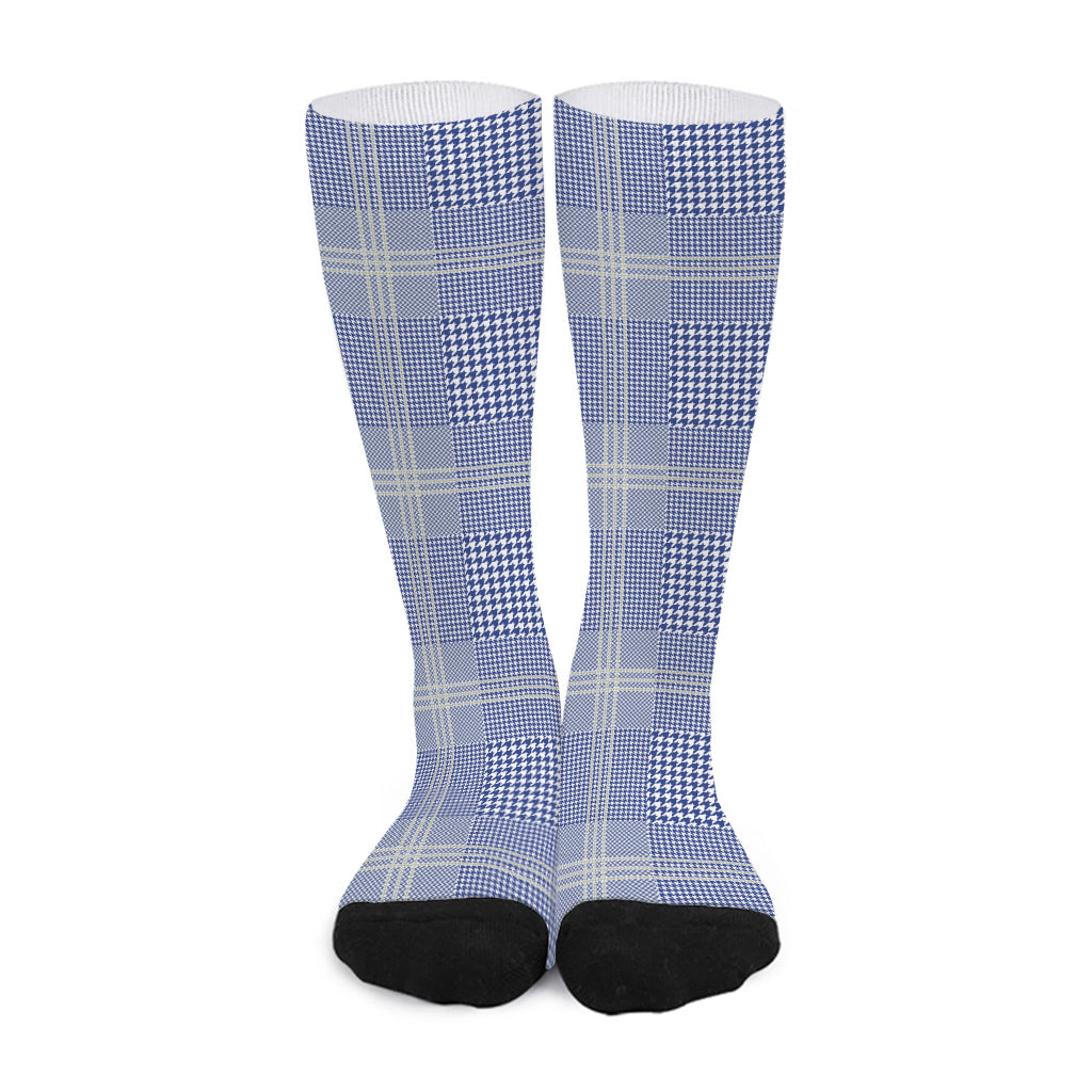 Blue And White Glen Plaid Print Long Socks