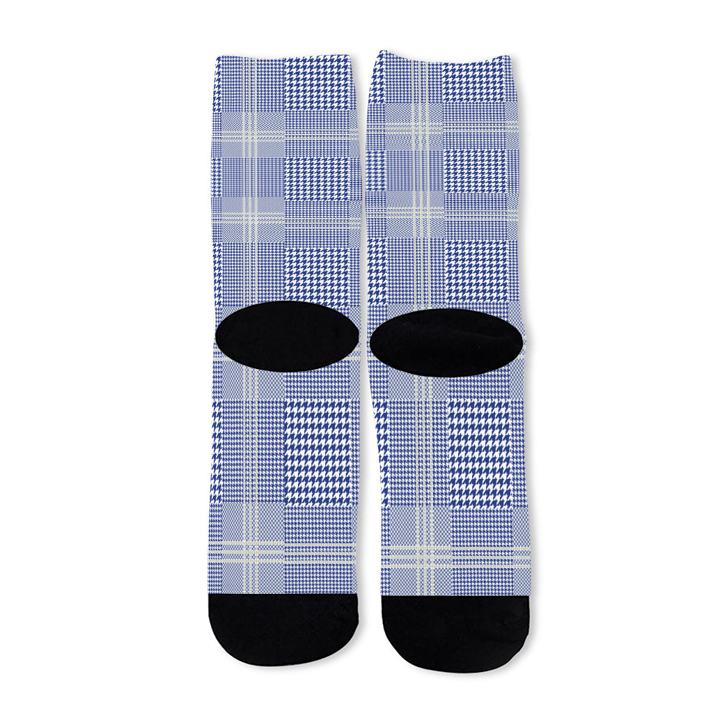 Blue And White Glen Plaid Print Long Socks