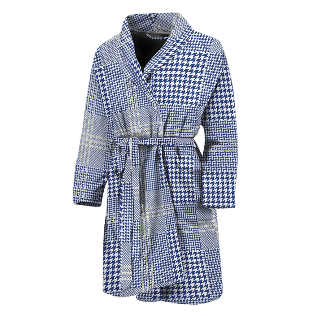 Blue And White Glen Plaid Print Men's Bathrobe