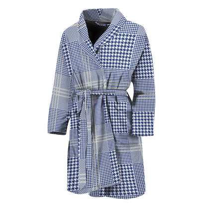 Blue And White Glen Plaid Print Men's Bathrobe